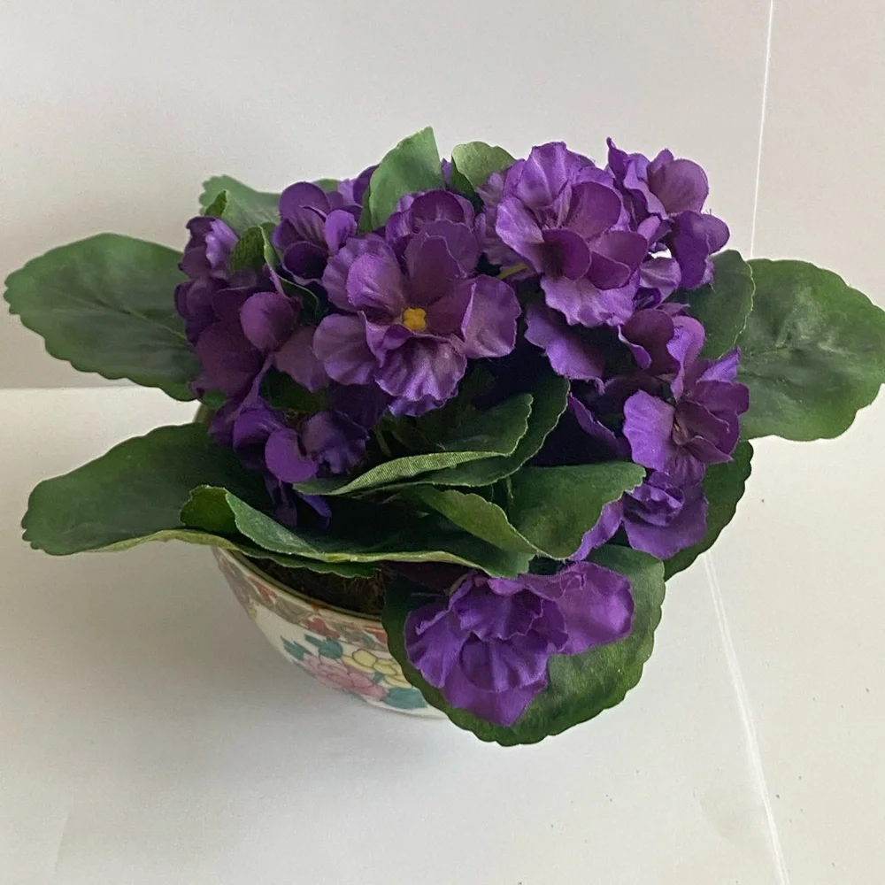 Artificial Purple African Violet in Hand Painted Ceramic Oriental Design Planter